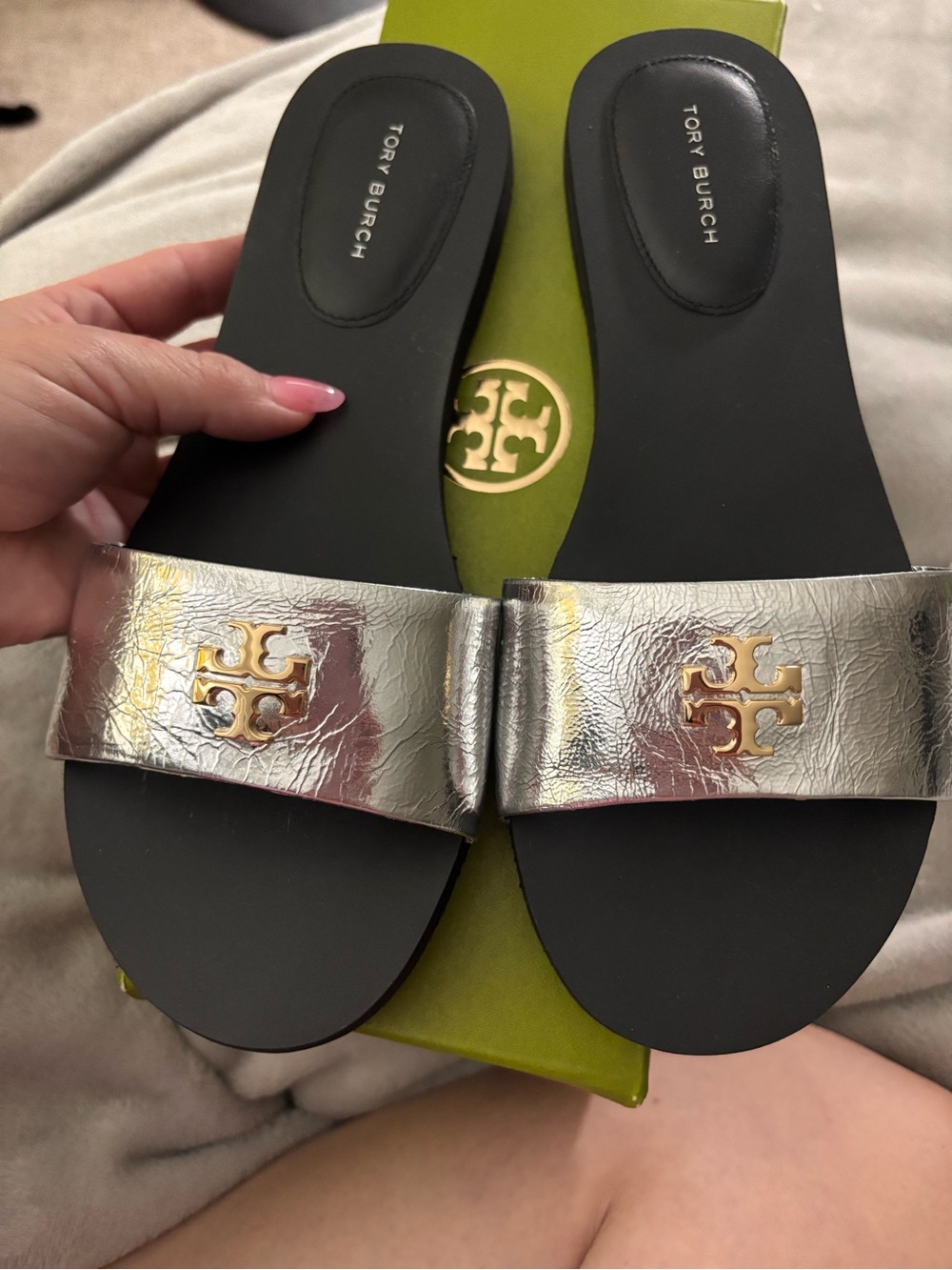Tory Burch Metallic Silver Slide Sandals with Gold Logo